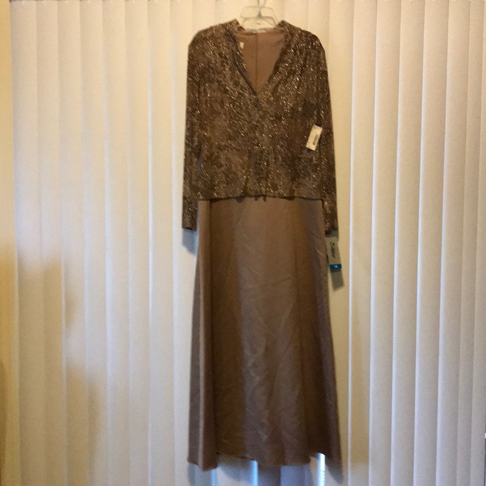 Light brown and gold evening gown.